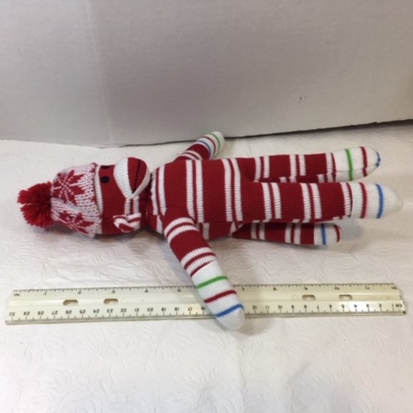 Plushland Red White Striped Winter Sock Knit Monkey 12" - Picture 6 of 11